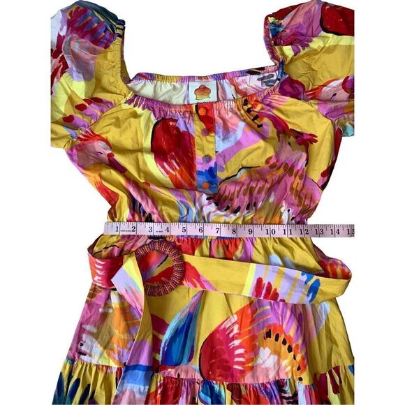 FARM Rio Neon Macaws Puff Sleeve Belted Cotton Maxi Dress - Picture 12 of 12